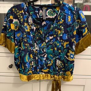 Anthropologie Blue and Gold Floral Blouse